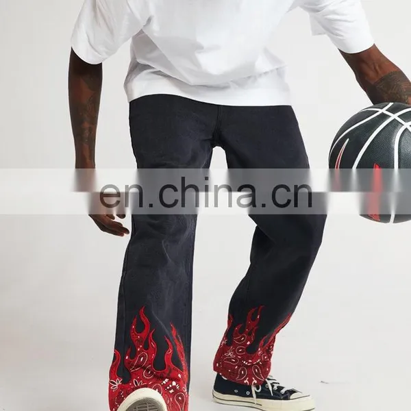 DiZNEW Custom Straight Cut Bottom Pants Flame Printed Jeans Men photo-3
