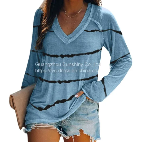 Tie-dye Stripes Printed V-neck Long-sleeved T-shirt Women photo-2