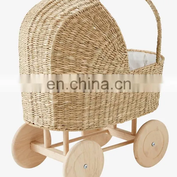 High Quality Rustic Seagrass Pram Basket Doll Stroller Trolley For Kids Wicker Shopping Basket Wholesale Supplier photo-2