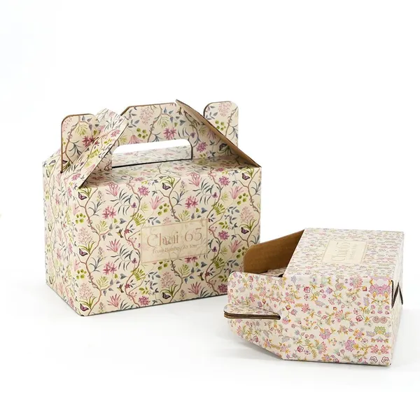 Custom Floral Printed Gable Boxes Handle Gift Packaging for Tea, Pastry & Candles photo-5