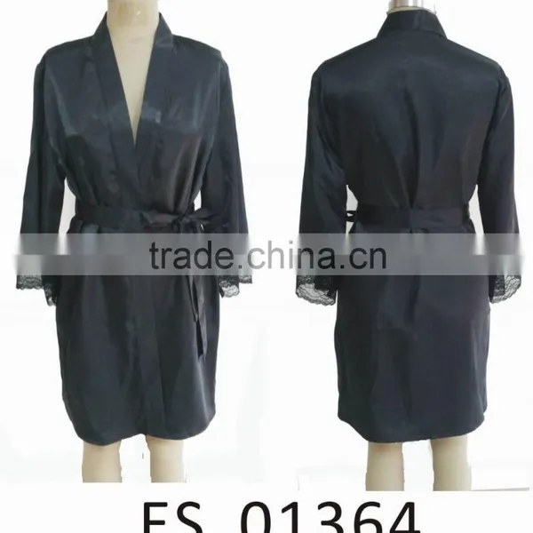 Comfortable Women Black Satin Lace Robe