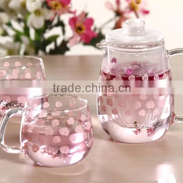 Hot Selling Borosilicate Glass Teapot With Glass Infuser Pink Flower Design Teaset 650ml 2pcs 350ml Tea Cups photo-4