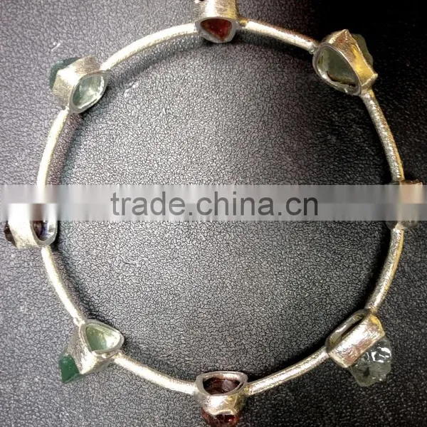 Rough Garnet and Aquamarine Gemstones 925 Sterling Silver Bangle photo-2