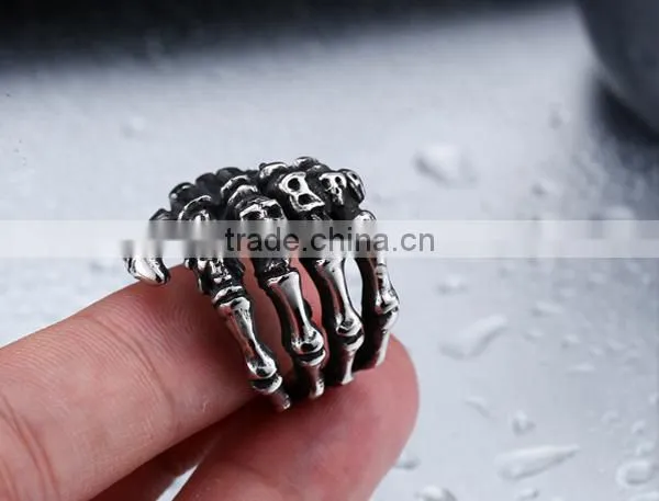 Mens Silver Black Vintage Skull Hand Bone Gothic 316Lstainless Steel Ring Band photo-4
