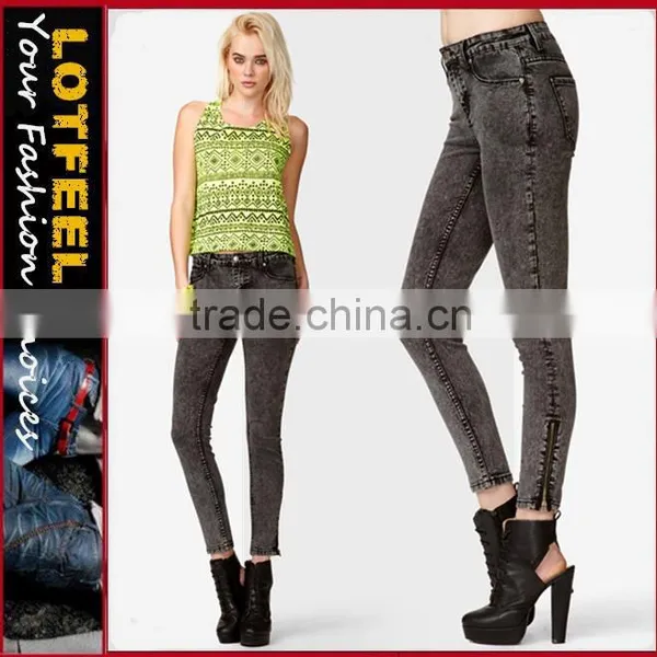 Zippered Acid Wash Women Skinny Jeans (LOTX257)