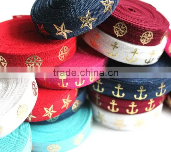 5/8" Fold Over Elastic Red With Gold Stars - Pattern, Metallic, Printed Elastic Band photo-5