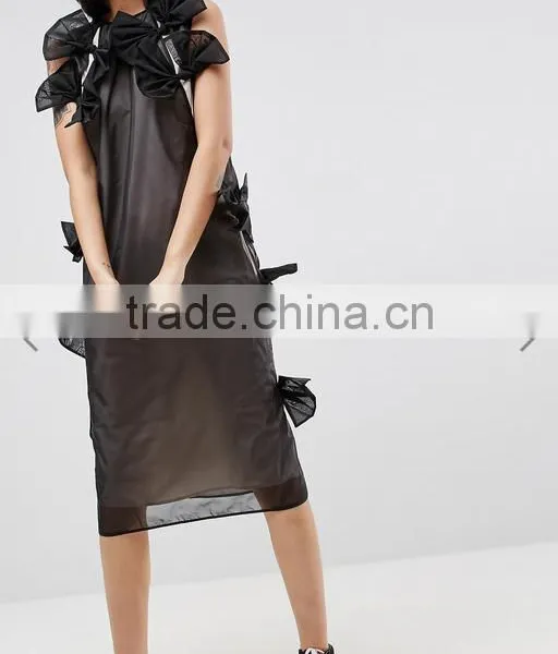 Summer Dress For Women Black Lightweight Organza Contrast Lining Crew Neck Bow Detail Midi Organza Dress photo-4