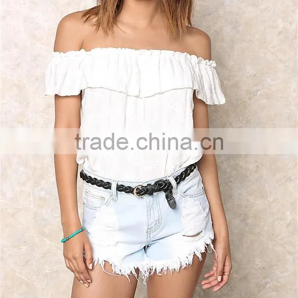 Latest Design Summer Tops 2016 Ivory Floral off Shoulder Crop Top HST3794 photo-4
