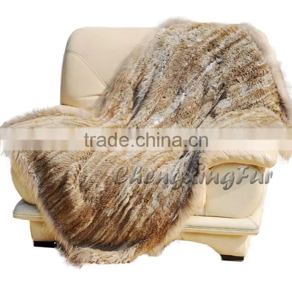 CX-D-72B Solid Thick Fluffy Raccoon Fur Trim Knitted Rabbit Fur Throw Blanket photo-2