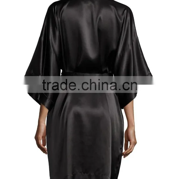 Contrast-Trimmed Silk Kimono Robes Night Gown Satin Bathrobe photo-2