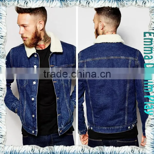 Collar Lapel Light Wash Blue Denim Men's Fleece Lining Jackets photo-2