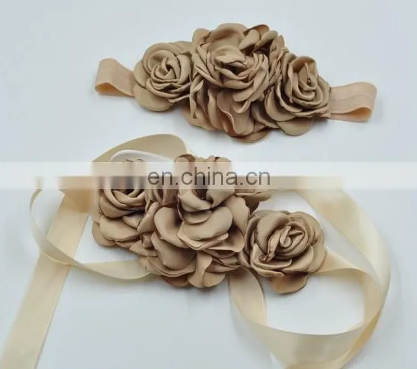 Natural Blossom Bridal Sash Matching Headband Set With Cream Beige Floral Hair Piece Photo Prop photo-3