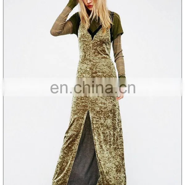 Fashion Design V Neck Back Bare Velvet Maxi Dress Woman photo-5