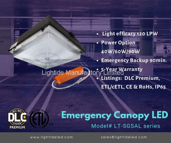 Battery Canopy Lights LED 90 Watts, DLC Premium 100-277vac, 1.5 Hrs Work Time, 5 Yrs Warranty photo-2