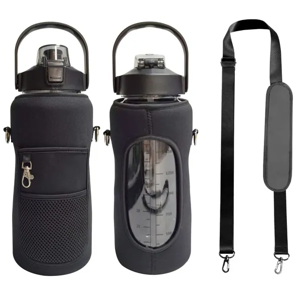 Custom Neoprene Half Gallon Water Bottle Sleeve Carrier with Strap BPA Free 64 OZ with Straw & Time Marker