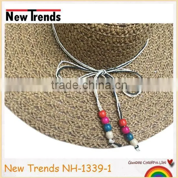 Brown Combo Wide Brim Straw Hat With Colorful Wooden Beads Ribbon