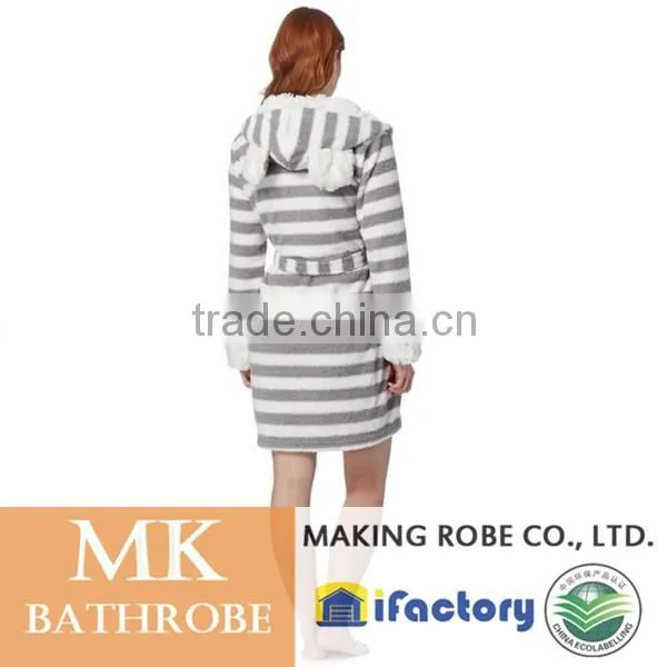 Grey Striped Animal Ear Hooded Fleece Winter Dressing Gown for Ladies photo-3