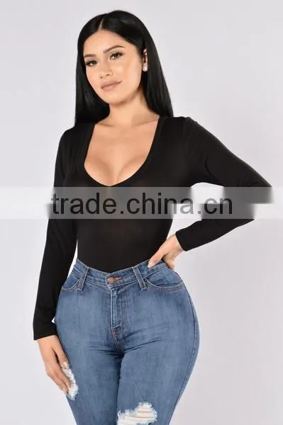 Most Popular Sexy Full Bodysuits 95% Rayon 5% Spandex Deep V Neckline Long Sleeve Sexy Bodysuits Women photo-2