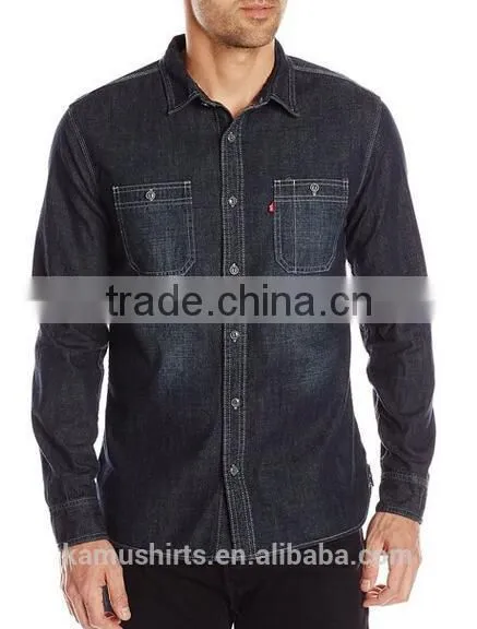 New Men 100% Cotton Long Sleeve Denim Jeans Work Shirt photo-3