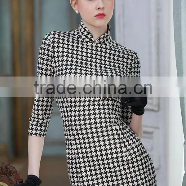 Fashion Design Ladies Houndstooth Dress Slim Fit Stand Collar Bodycon Dress