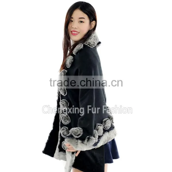 CX-B-P-40E Rostte Ladies Genuine Rex Rabbit Fur Trimmed Pashmina Shawls photo-4