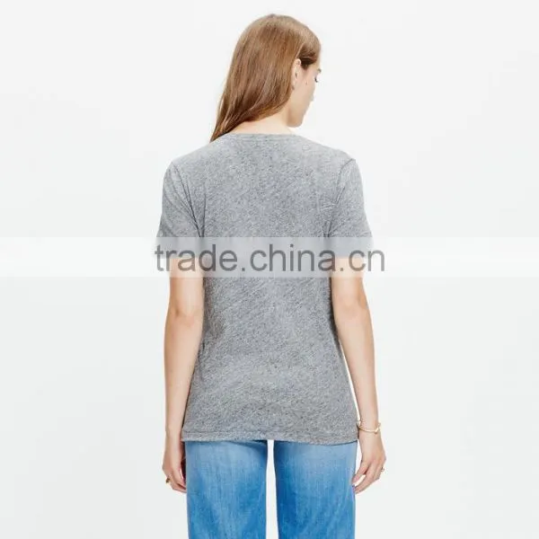 Slub V-neck Ladies t Shirt With Pocket photo-2