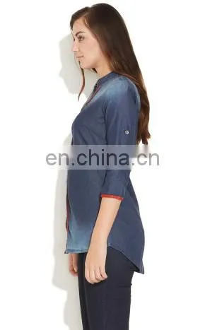 ONSALE NEW FASHION EUROPEAN STYLE COLLAR NECK SHIRT TRENDY HOT WOMENS' DENIM SHIRT BLOUSE TUNIC DRESS SUMMER TOPS FOR LADIES photo-2