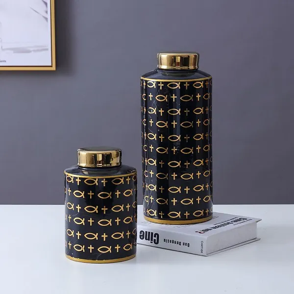 European Simple Style Straight Black Symbol Painting Hexagonal Cylinder Ceramic Vases With Golden Lid For Dining Room photo-5