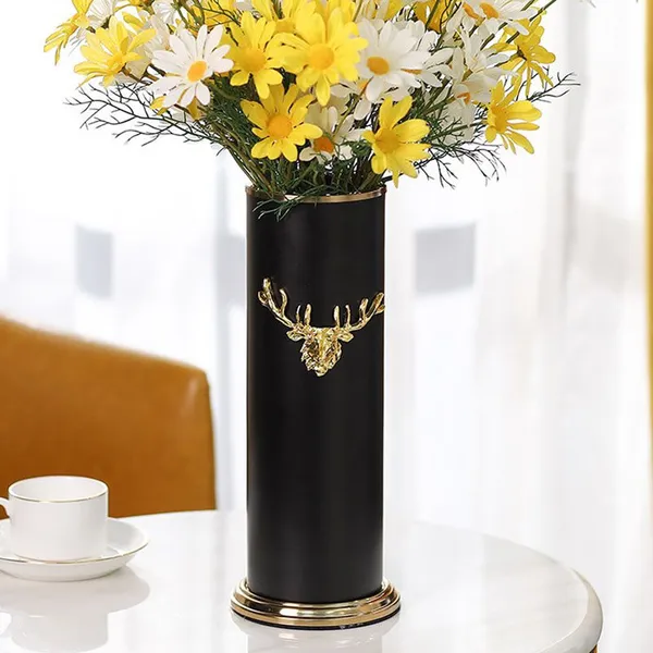 Metal Deer Head Nordic Light Luxury Cylinder Black Gild Metal Vase For Home Soft Decor photo-3