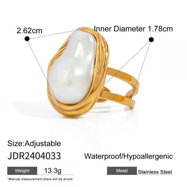 Adjustable Gold Plated Irregular Pearl Ring for Women Stainless Steel Statement Ring Waterproof Hypoallergenic Jewelry photo-2