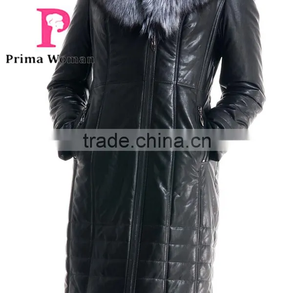 Winter Women Long Leather Slim Fit Coat With Brown Fox Hat Overcoat photo-5