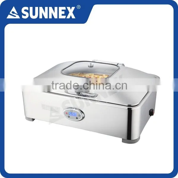 SUNNEX Modern Design Mirror Finish Stainless Steel Glass Lid Digital Control Full Size 8.5 Litre Catering Electric Chafing Dish photo-4