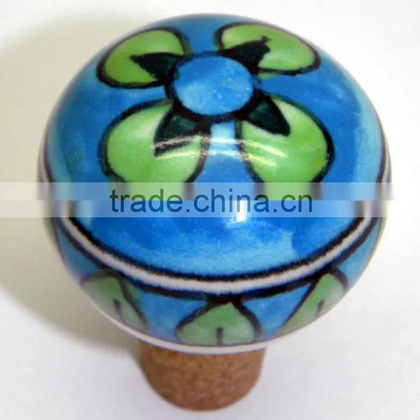 Hand Painted Ceramic Bottle Stopper With Cork Attachment