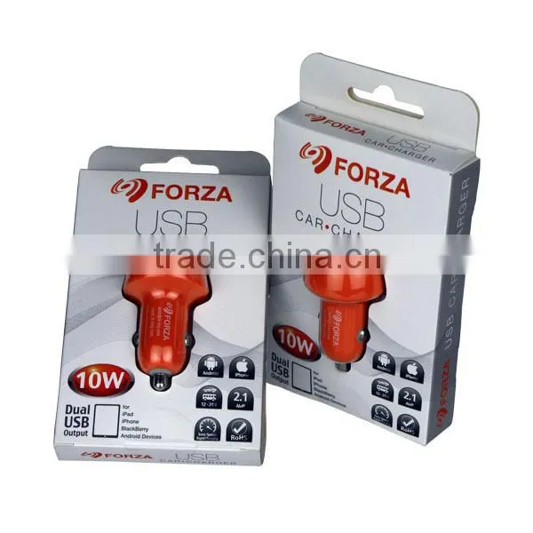 FORZA 5.0V/2.1A Dual USB Car Charger With Clamshell Packaging