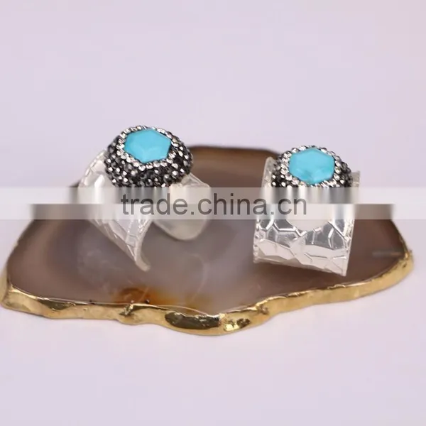 Green / BlueColor Turquoise Druzy Rings, Metal Silver Plated Wide Band Pave Crystal Zircon Faceted Turquoise Jewelry Finger Ring photo-4