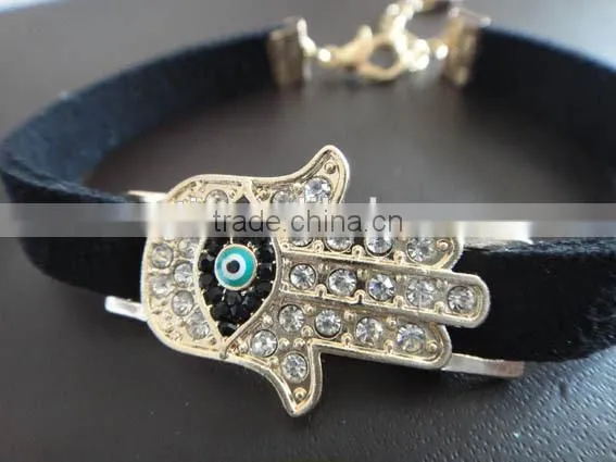 Rhinestone Inlaid Hamsa Hand Evil Eye Charm Suede Leather Bracelet photo-5