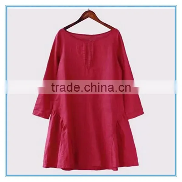 Fashion Red Linen Ladies Winter One Piece Dress of Large Size photo-3