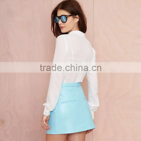 MGOO New Arrival 2016 OEM Custom Light Blue PU Skirts Women Faux Leather Short Straight Skirts 15144A373 photo-4