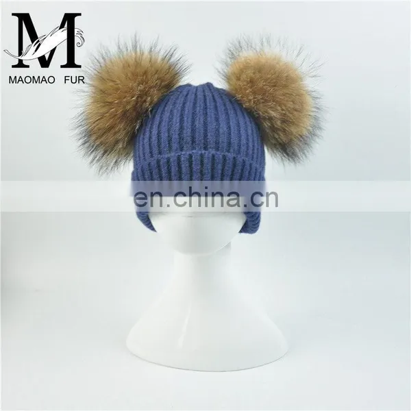Kids Removable Fur Bobble Hat Winter Double Pom Pom Hat Crochet Kids Hat photo-5