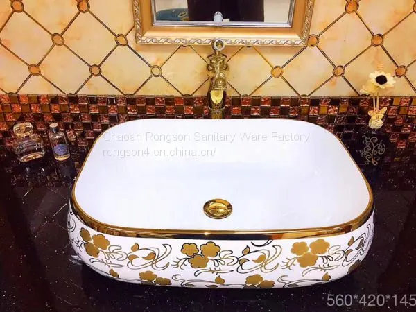 Hot Sale Ceramic Round Modern Luxury Golden Single Hole Wash Basin Price Bathroom Basin With Gold Decorative photo-3