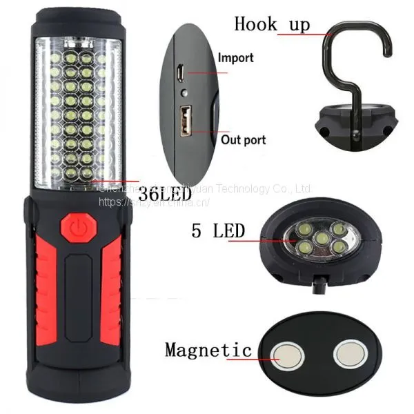 Portable Light 36 + 5 LED Flashlight USB Charging Work Light Magnetic + HOOK + Mobile Power for Can Help Phone Charge photo-4