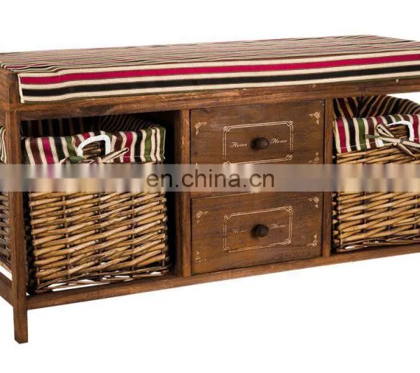 WOOD WICKER SEAT DRAWER STORAGE CABINET CUPBOARD HALLWAY FURNITURE SHOE RACK photo-2