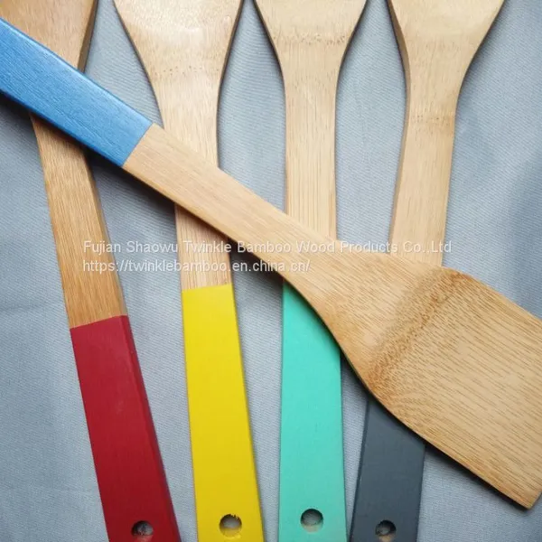 Bamboo Utensil Set With Color Handle Bambu Spoon Color Spatula Cooking Tools photo-3