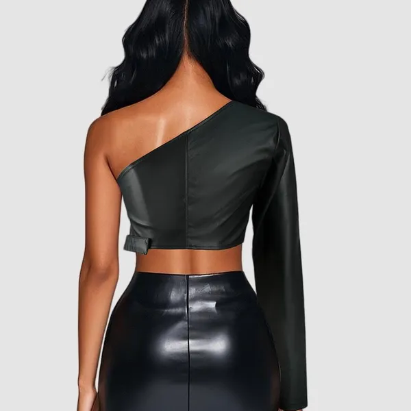 European and American New Style Black Collarless Single Shoulder PU Leather Jacket photo-3