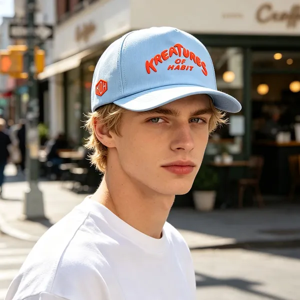 Performance Golf Sports Vibe Curved Slogan Orange 3D Puff Print Light Blue Perforated 5 Panel Hat photo-3