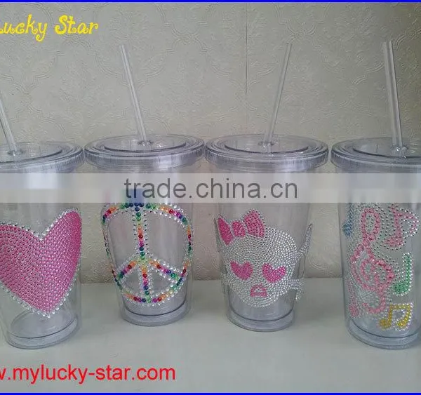 BPA Free Acrylic Double Wall 16 oz Tumblers With Straw and LED Light FDA Standard PVC or Rhinestone Decoration Mugs