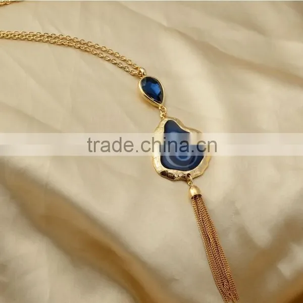 Sapphire Stone Labradorite Gold Blossom Pendant With Gold Tassel photo-4