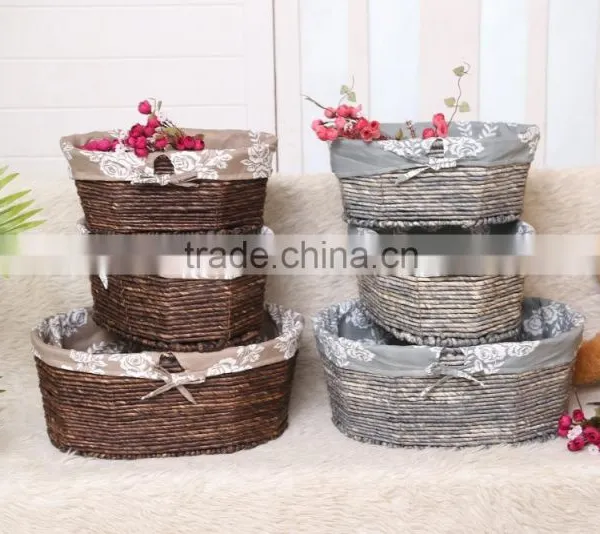 Handmade Maize Basket Flat Knitting Corn Rope Rattan Storage Basket Set of 3 photo-3