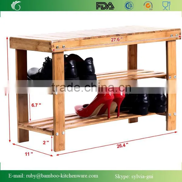 Factory Natural Bamboo Shoe Bench 2-Tier Shoe Storage Racks Shelf Organizer photo-5