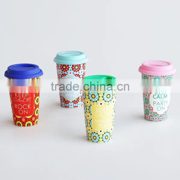 Double Wall Coffee to go Mug With "Keep Calm" Design, Porcelain With Silicone LId photo-2